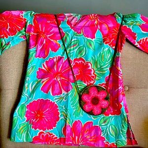 Lilly Pulitzer Women’s Top, Pink Floral Medium, Oval Floral Beaded Purse,